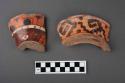 5 polychrome pottery ring base fragments - red black and orange