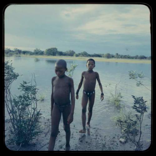 Two boys standing in the water