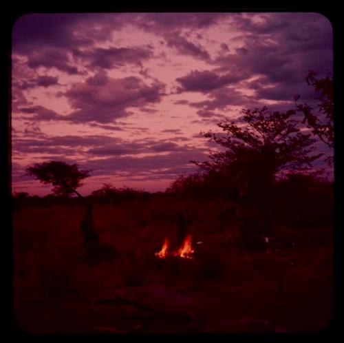 Woman and children sitting by fire, seen from behind