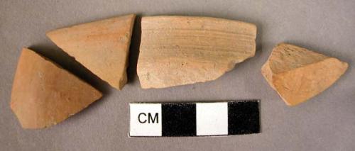 3 pottery rim sherds; 1 potsherd - wheelmade, and handmade buff ware