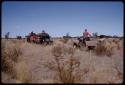 Expedition trucks driving in a line down a road