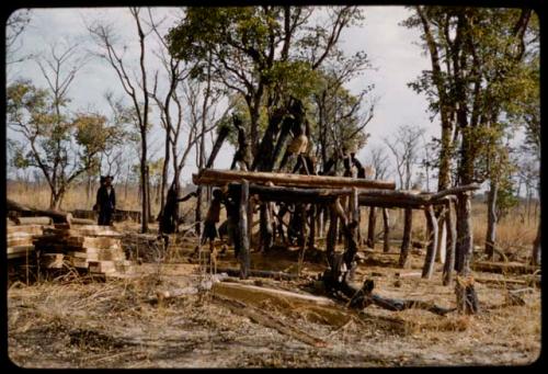 Two men sawing wood on platform in sawmill at the Oshimporo omuramba