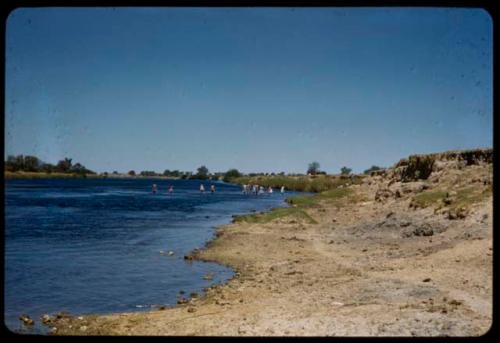 Girls from the Finnish mission wearing dresses, standing in the Okavango River, distant view