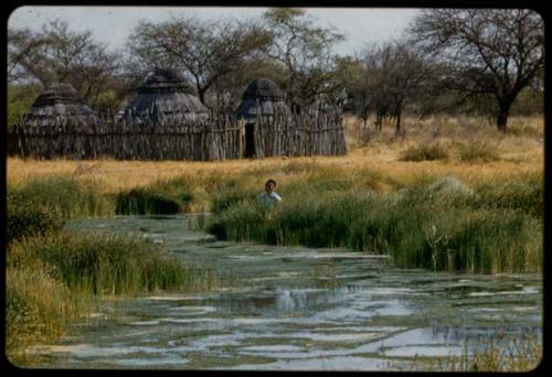 Heidi von Koenen sitting in rushes at the edge of a waterhole, with a kraal in the background