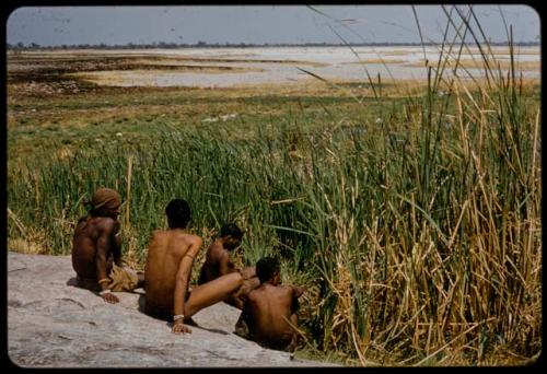 Four people sitting next to the Gautscha waterhole, with burned grass and Gautscha Pan in the background