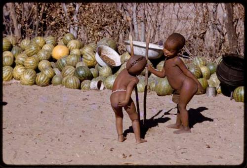 Two children digging at the ground with digging sticks