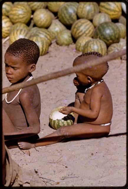 Children sitting, one child eating tsama melon