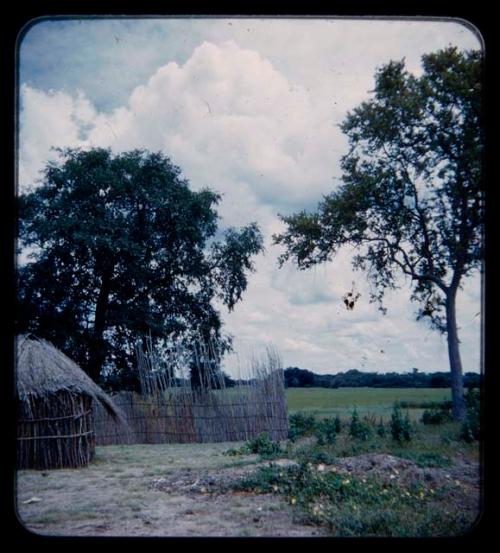 Hut and a fence with a green field in the background