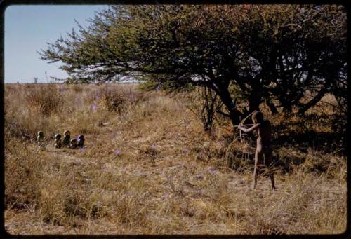 Oukwane with a bow and arrow, using tsama melons for target practice