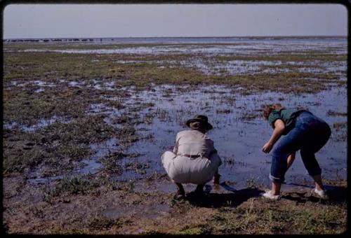 Lorna Marshall and Elizabeth Marshall Thomas washing hands in Lake Ngami, from behind