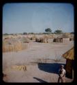 Person standing, with huts in the background
