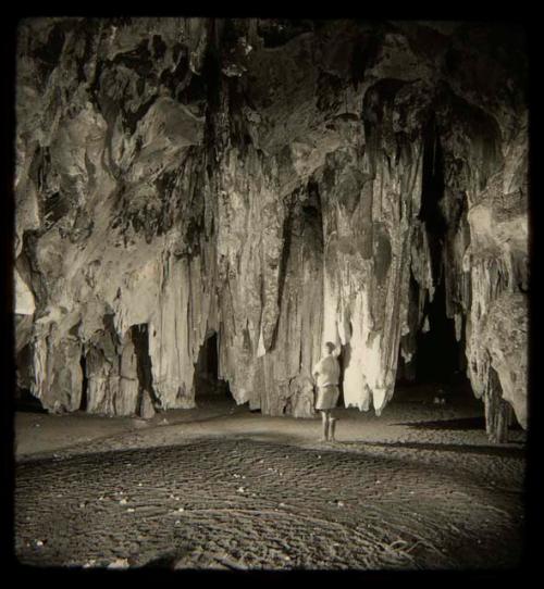 Person standing inside Gcwihaba ("Drotsky's cave")