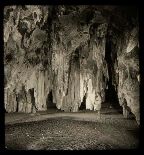 Person standing inside Gcwihaba ("Drotsky's cave")