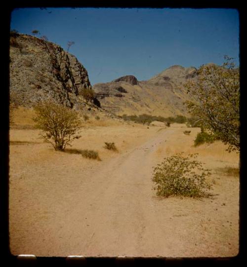 Track through grass and brush, hills in the background