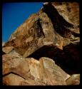 Petroglyphs of animals and a skin, distant view