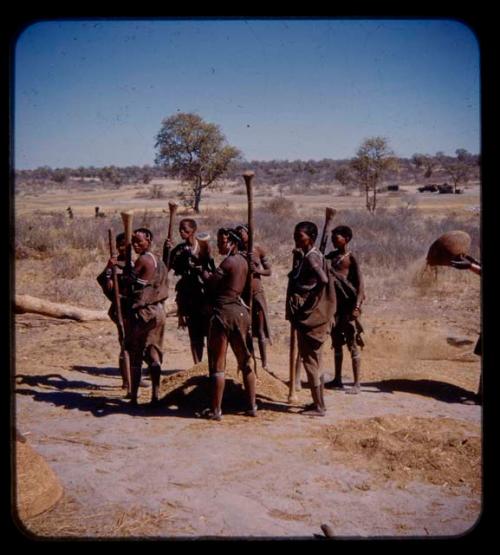 Group of women beating mahangu, also known as pearl millet, with a winnowing basket on the ground near them