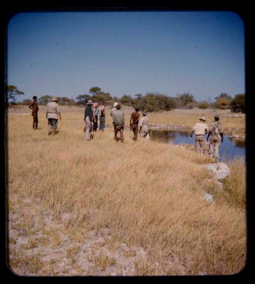 Two men standing with a group of expedition members, looking at a snake, view from behind