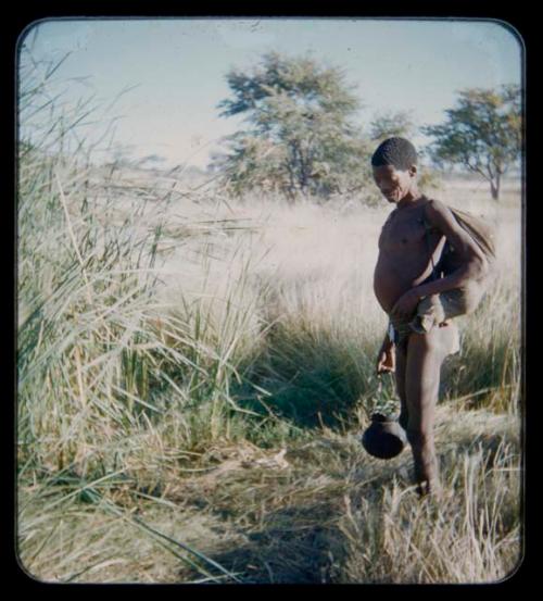 Carrying: Ju/'hoan man carrying a bag and Ovambo pot