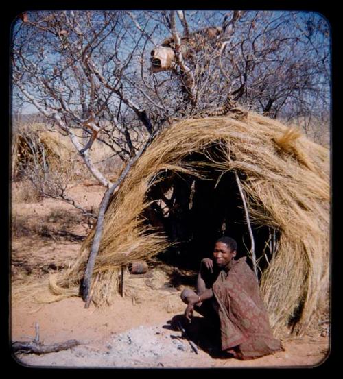 Clothes: Person wearing a garment of western cloth and squatting by a skerm