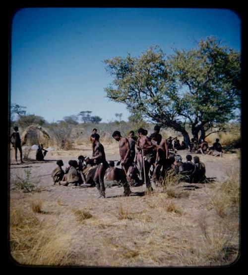 Dance: Group of men performing a curing dance around seated women