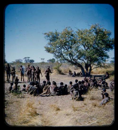 Dance: Group of men performing a curing dance, moving toward seated women