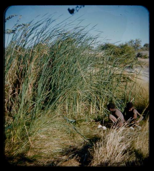 Water: Two men sitting at a waterhole, with ostrich egg shells