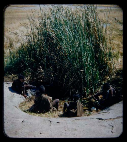 Waterhole: Four people sitting at a waterhole, including one person filling ostrich shells on the far right