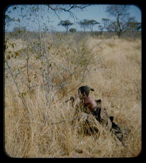 Wood: Woman crouching in grass and chopping bush