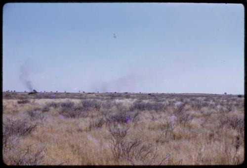 Grassy field, showing smoke on horizon