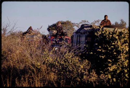 /Gishay on top of expedition truck driving through thick brush, two other expedition trucks driving behind