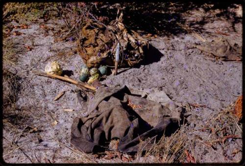 Piles of tsama melons, bows, arrows, and cloth on the ground