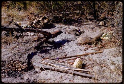 Piles of tsama melons, bows, arrows, and cloth on the ground