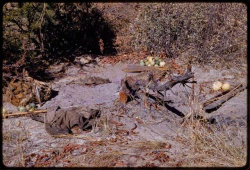 Piles of tsama melons, bows, arrows, and cloth on the ground