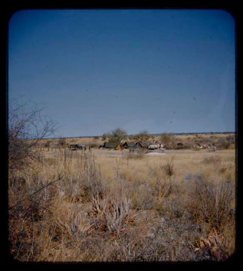 Expedition: People walking, with trucks and tents in the background