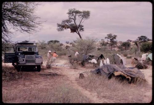 Laurence Marshall and Lorna Marshall standing next to the expedition Land Rover, with blankets spread out on the brush to dry near them