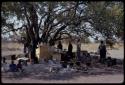 Cooking area of expedition camp, people standing under a tree