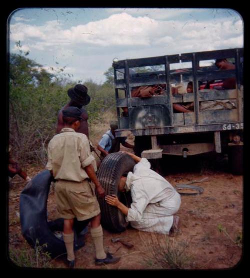 Expedition: John Marshall sticking his head through a flat tire, with other men standing nearby; another man is fixing an expedition truck in the background, on their trip from "Kubi"