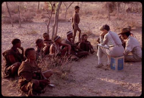 Lorna Marshall and Wilhelm Camm interviewing a group of people