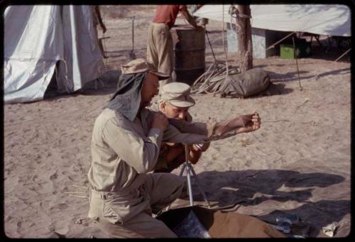 O.P.M. Prozesky measuring a bat's wings against his arm, with Wulf Haacke watching him