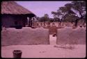 Mud wall and thatched roof of Tohingahita's house, with a child squatting inside