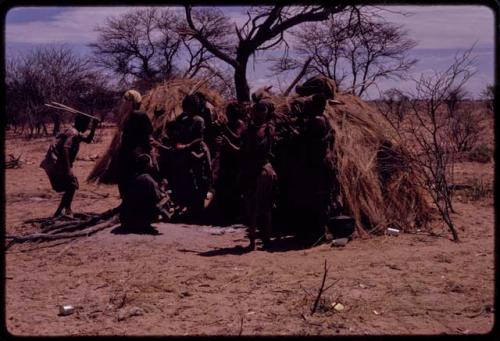 Women performing the Eland Dance, with some standing in front of a skerm, singing and clapping, and others dancing around the skerm