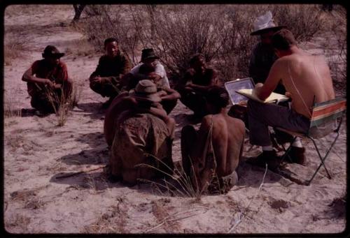 Group of men singing, with Nicholas England recording them, Wilhelm Camm sitting with them