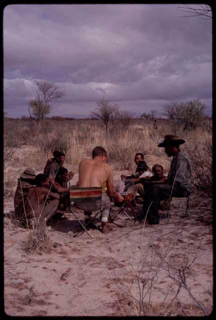 Group of men singing, with Nicholas England recording them, Wilhelm Camm sitting with them