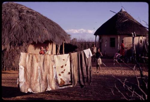 Karosses hanging on a line inside the compound of Boy Moapane, brother of the Kgalagari chief