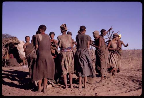 Tomku standing with other women clapping at the beginning of a social dance, view from behind