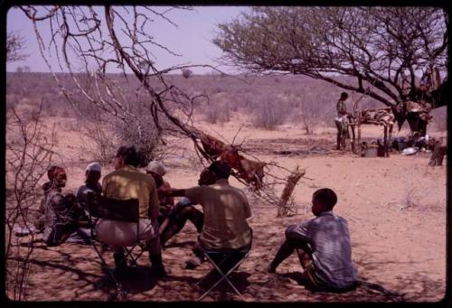 Lorna Marshall and Ngani interviewing Bakalagadi and Ju/'hoansi, seen from behind