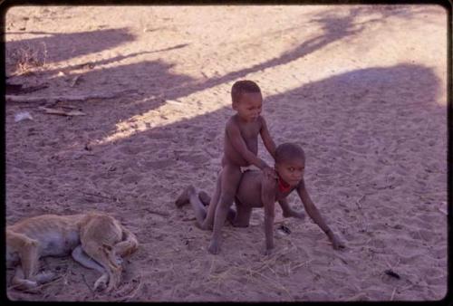 Child riding on another's back in the sand, with a dog asleep beside them