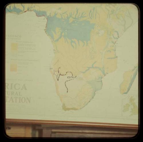 Map: Map of Africa showing vegetation zones, with the route of the 1950 expedition drawn on it, close-up