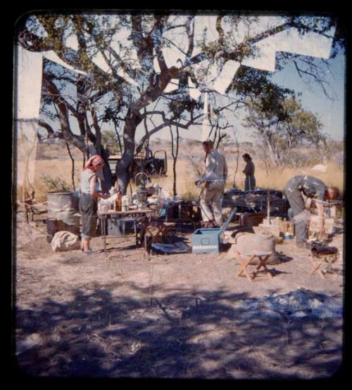 Expedition members at the campsite, with a truck in the background