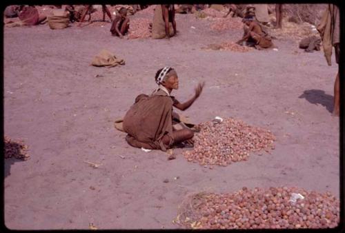 Woman sitting by pile of mangetti nuts, gesticulating that these nuts are hers